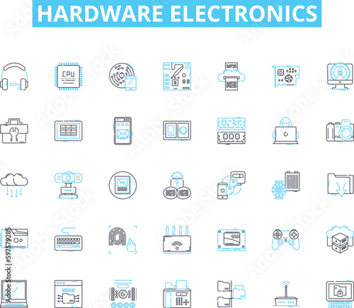 hardware electronics linear icons set. Circuitry, Microcontroller, Capacitor, Transistor, Diode, Resistors, Semiconductor line vector and concept signs. Voltage,Amplifier,Battery outline illustrations photo