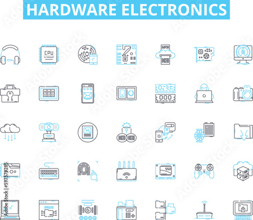 hardware electronics linear icons set. Circuitry, Microcontroller, Capacitor, Transistor, Diode, Resistors, Semiconductor line vector and concept signs. Voltage,Amplifier,Battery outline illustrations