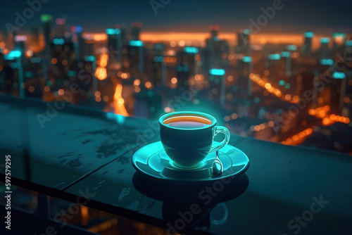 Cup of tea on rooftop with night city view. Digitally generated AI image