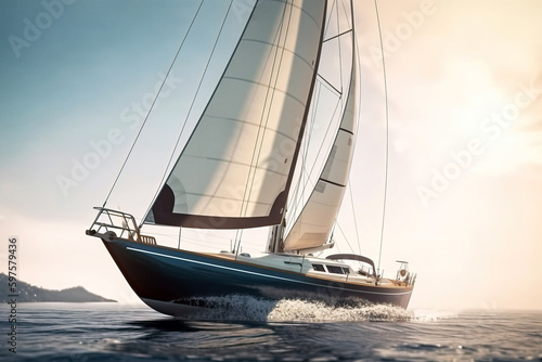 White sailboat in sea. Digitally generated AI image