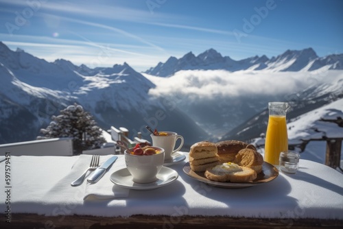 Breakfast mountains winter. Generate Ai