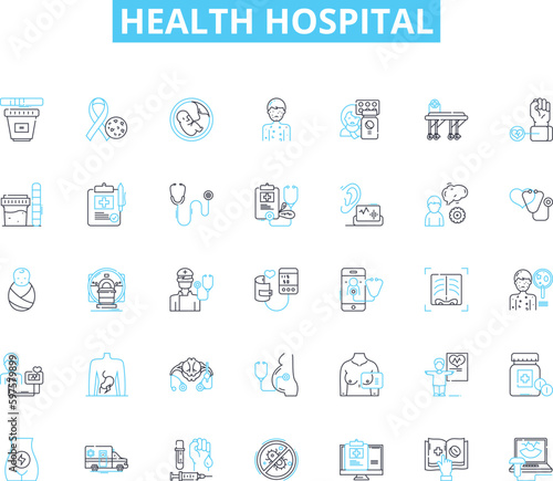 Health hospital linear icons set. Wellness, Treatment, Healing, Recovery, Surgery, Medicine, Emergency line vector and concept signs. Rehabilitation,Diagnosis,Patient outline illustrations