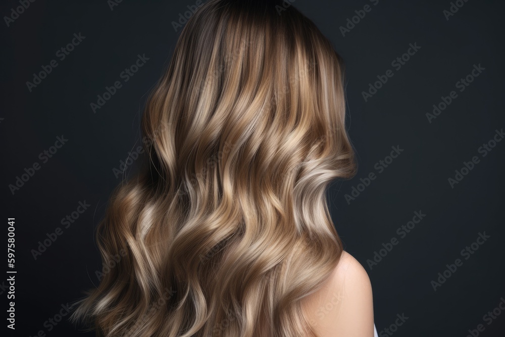 Woman from behind balayage hair dye technique, featuring a seamless blend of natural-looking highlights and lowlights, perfect for creating a sun-kissed and beachy look - Generative AI Woman from behind balayage hair dye technique, featuring a seamless blend of natural-looking highlights and lowlights, perfect for creating a sun-kissed and beachy look - Generative AI