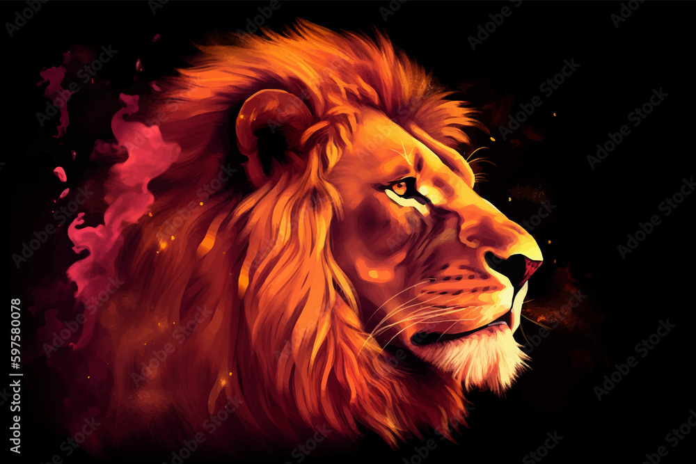 Head of Lion with a fiery mane. The majestic King of beasts with a flaming,  blazing mane. Regal and powerful. Wild animal. Fire backgrounds. 3d digital painting
