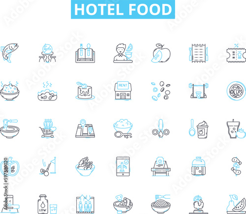 Hotel food linear icons set. Gourmet, Fusion, Buffet, Organic, Locally-sourced, Seasonal, International line vector and concept signs. Culinary,Fresh,Delectable outline illustrations