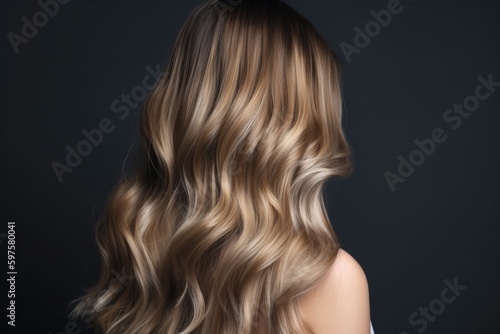 Woman from behind balayage hair dye technique, featuring a seamless blend of natural-looking highlights and lowlights, perfect for creating a sun-kissed and beachy look - Generative AI