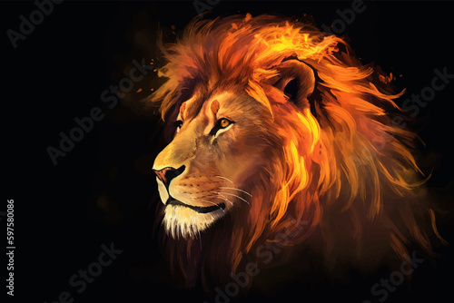 Head of Lion with a fiery mane. The majestic King of beasts with a flaming   blazing mane. Regal and powerful. Wild animal. Fire backgrounds. 3d digital painting