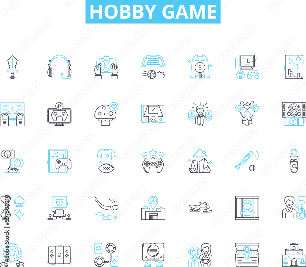 Hobby game linear icons set. Chess, Scrabble, Monopoly, Risk, Catan, Dungeons, Cards line vector and concept signs. Poker,Mahjong,Dominoes outline illustrations