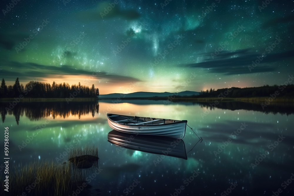 Boat in forest lake. Aurora in sky. Digitally generated AI image