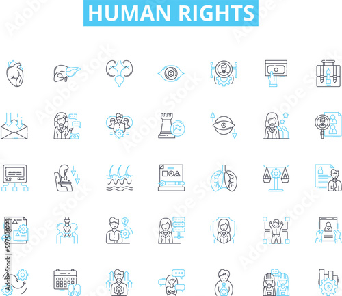 Human rights linear icons set. Equality, Dignity, Justice, Liberty, Freedom, Discrimination, Empowerment line vector and concept signs. Respect,Responsibility,Accountability outline illustrations