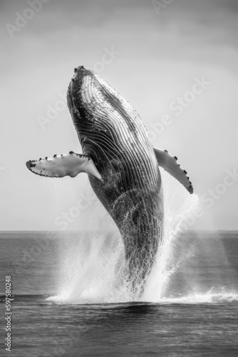 Huge whale jumping from the ocean surface water, generative ai