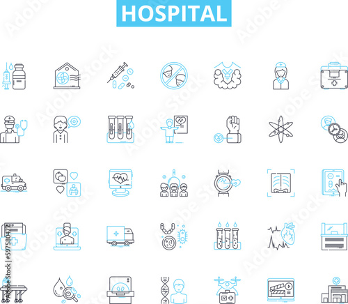 Hospital linear icons set. Medicine, Emergency, Staff, Patients, Surgery, Recovery, Admissions line vector and concept signs. Units,Specialists,Health outline illustrations