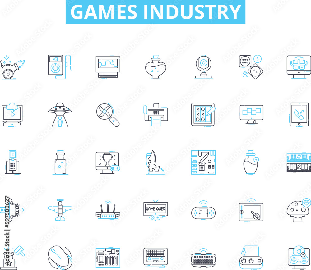 Games industry linear icons set. Gaming, Competition, Innovation, Fun, Strategy, Entertainment, Multiplayer line vector and concept signs. Adventure,Challenge,Console outline illustrations