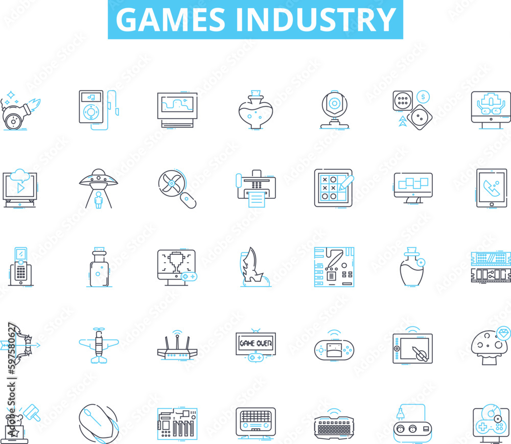 Games industry linear icons set. Gaming, Competition, Innovation, Fun, Strategy, Entertainment, Multiplayer line vector and concept signs. Adventure,Challenge,Console outline illustrations Games industry linear icons set. Gaming, Competition, Innovation, Fun, Strategy, Entertainment, Multiplayer line vector and concept signs. Adventure,Challenge,Console outline illustrations