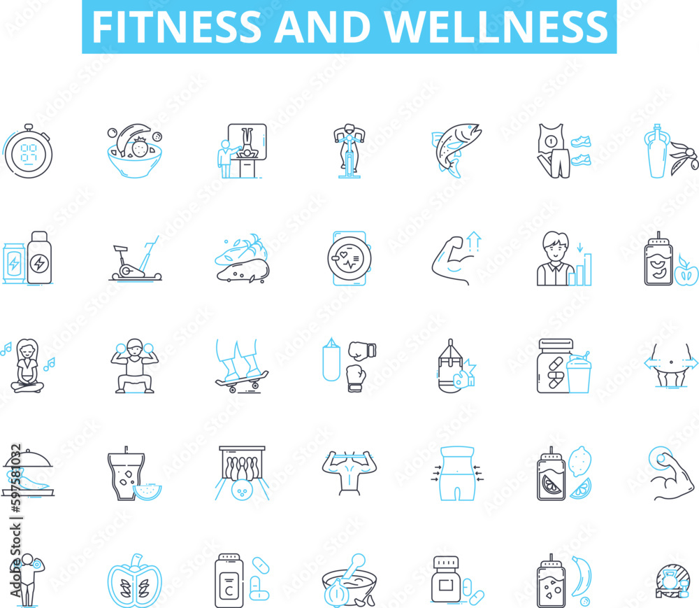 Fitness and wellness linear icons set. Exercise, Health, Strength, Endurance, Flexibility, Balance, Nutrition line vector and concept signs. Workouts,Wellness,Yoga outline illustrations