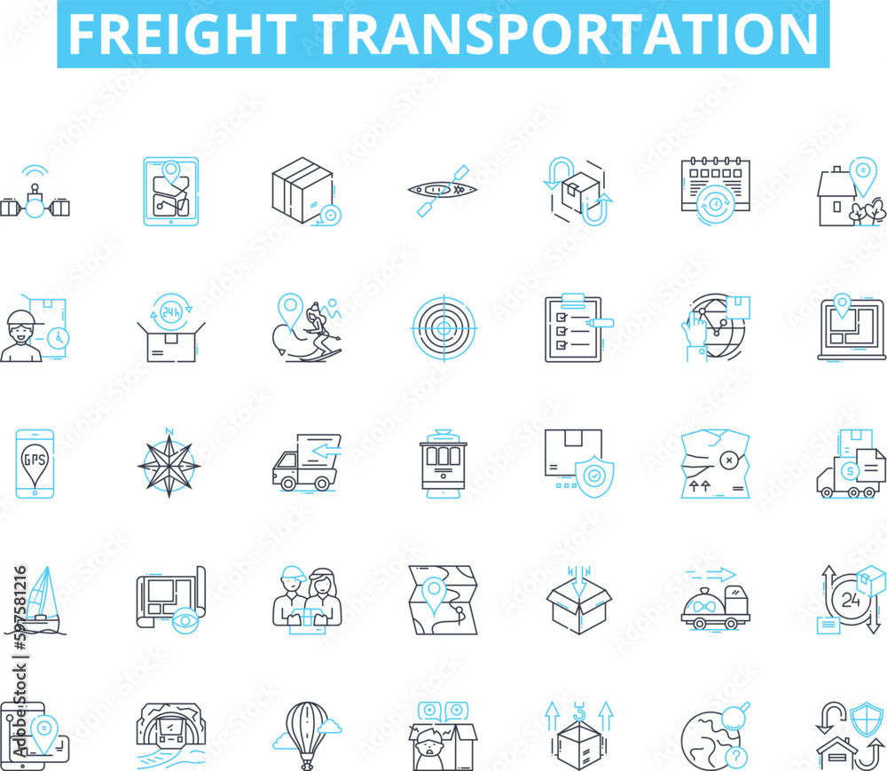 Freight transportation linear icons set. Shipping, Logistics, Carrier, Trucking, Cargo, Import, Export line vector and concept signs. Warehouse,Delivery,Hauling outline illustrations