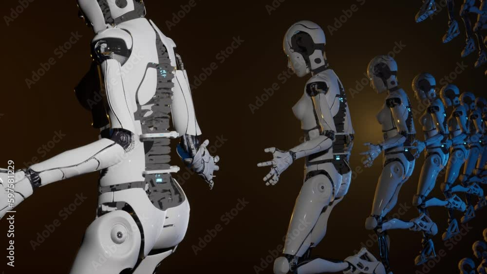 3d render motion graphic animation of female robots flying in lines like army with black background 3d render motion graphic animation of female robots flying in lines like army with black background