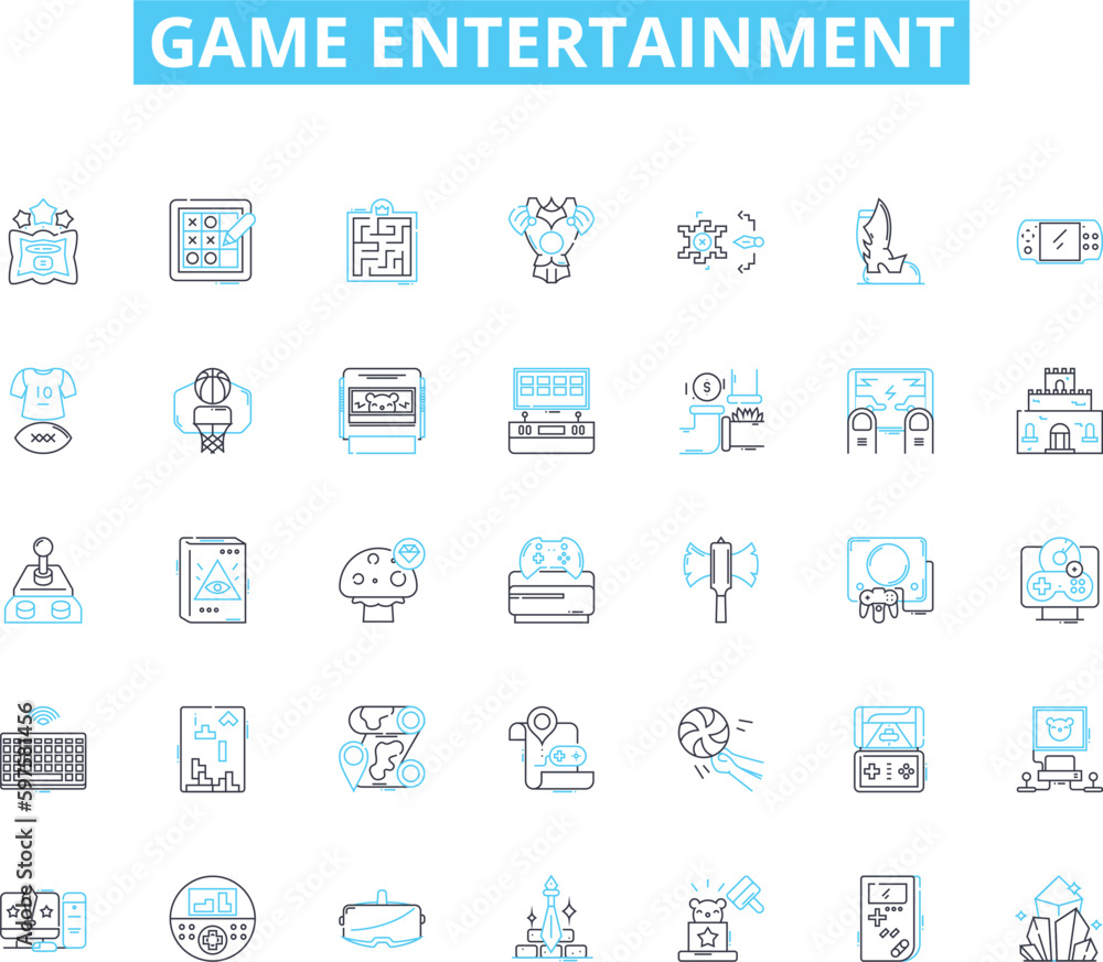 Game entertainment linear icons set. Strategy, Adventure, Fun, Challenge, Fantasy, Excitement, Action line vector and concept signs. Thrill,Multiplayer,Immersive outline illustrations Game entertainment linear icons set. Strategy, Adventure, Fun, Challenge, Fantasy, Excitement, Action line vector and concept signs. Thrill,Multiplayer,Immersive outline illustrations