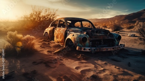 Capturing the Beauty of a Burnt-out Car in a Volumetric Landscape: Sony A9 Photoshoot with Ultra-Detailed Quality and Award-Winning Shots, Generative ai © Tatyana