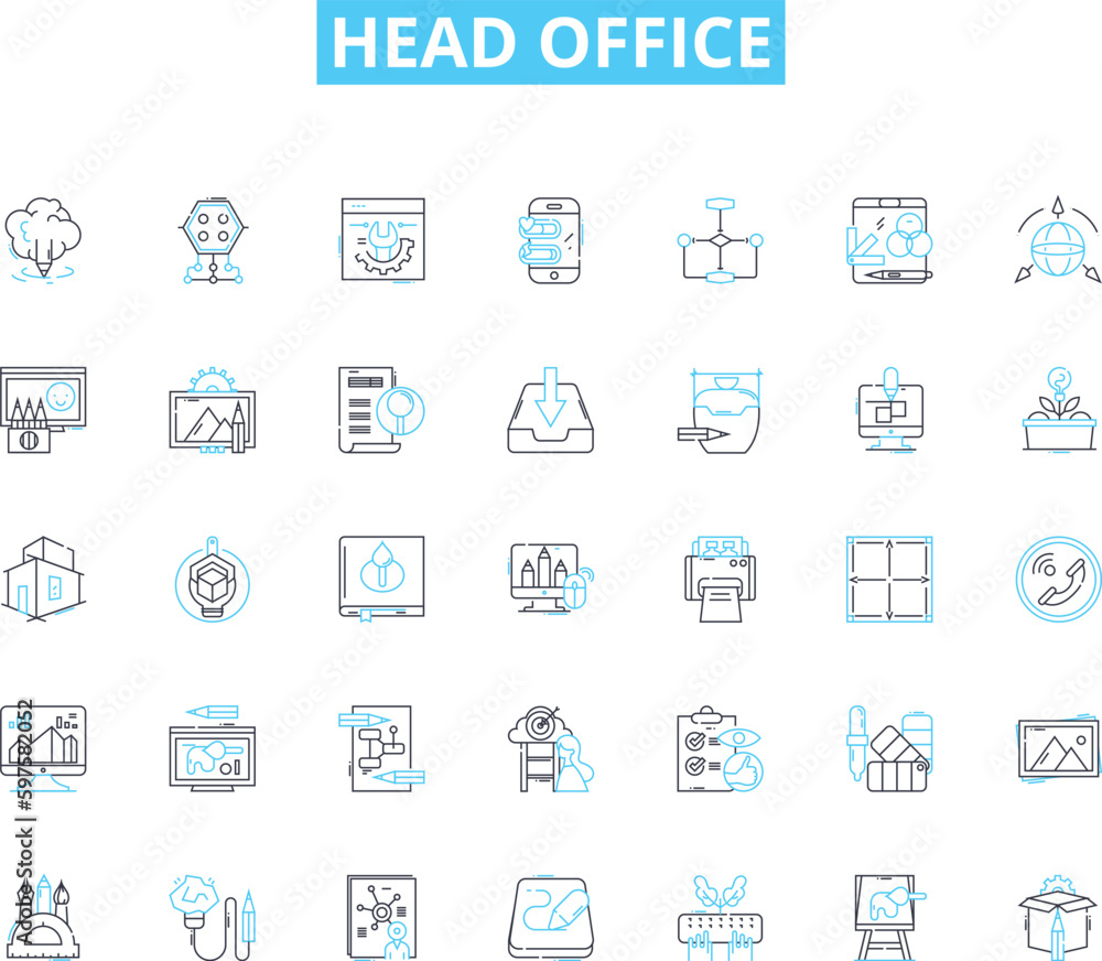 Head office linear icons set. Headquarters, Corporate, Main, Center, Administrative, Management, Control line vector and concept signs. Command,Oversight,Supervision outline illustrations