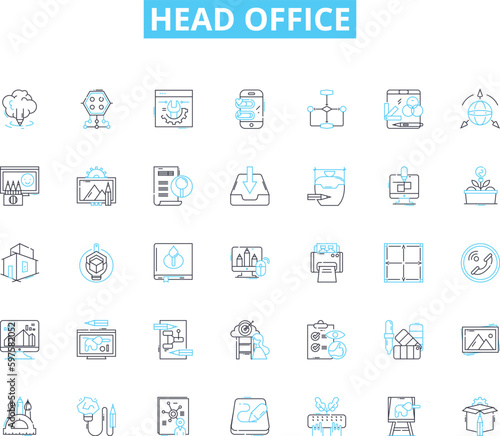 Head office linear icons set. Headquarters, Corporate, Main, Center, Administrative, Management, Control line vector and concept signs. Command,Oversight,Supervision outline illustrations