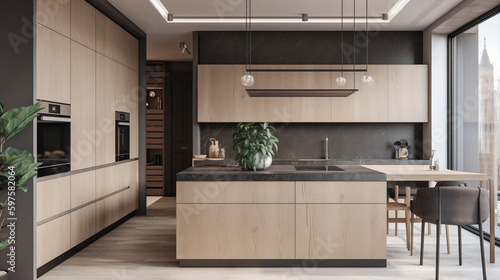 Kitchen in a modern, minimalist, and warm style.