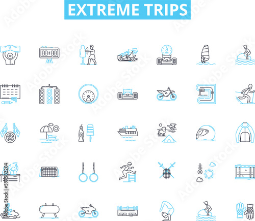 Extreme trips linear icons set. Adventurous, Thrilling, Intense, Challenging, Grueling, Extreme, Dangerous line vector and concept signs. Risky,Exciting,Epic outline illustrations