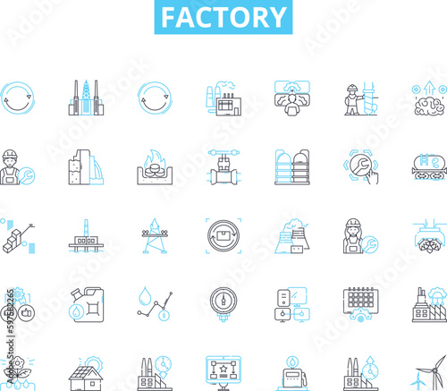 Factory linear icons set. Production, Machinery, Industrial, Manufacturing, Assembly, Workshop, Automation line vector and concept signs. Manufacturing line,Production line,Factory floor outline
