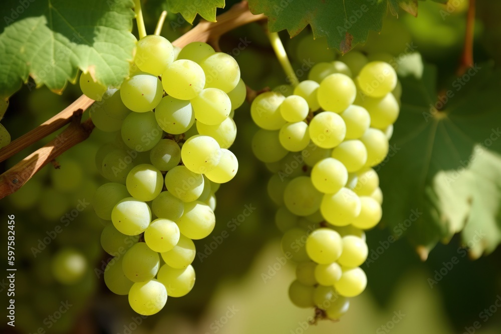 Bunches of white grapes ripen under the gentle summer sun. Generative AI. Bunches of white grapes ripen under the gentle summer sun. Generative AI.
