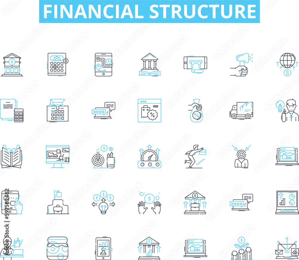 Financial structure linear icons set. Capitalization, Equity, Debt, Leverage, Liquidity, Cash Flow, Assets line vector and concept signs. Liabilities,Projection,Funding outline illustrations