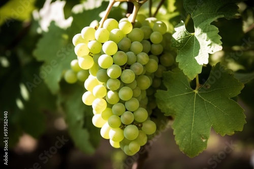 Bunches of white grapes ripen under the gentle summer sun. Generative AI.