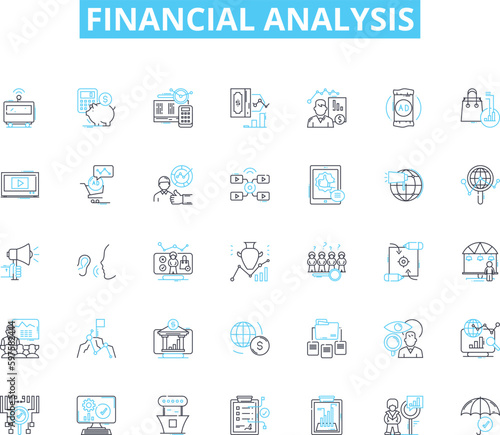 Financial analysis linear icons set. Profitability, Liquidity, Solvency, Efficiency, Sustainability, Cashflow, Growth line vector and concept signs. Risk,Evaluation,Optimization outline illustrations