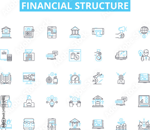 Financial structure linear icons set. Capitalization, Equity, Debt, Leverage, Liquidity, Cash Flow, Assets line vector and concept signs. Liabilities,Projection,Funding outline illustrations