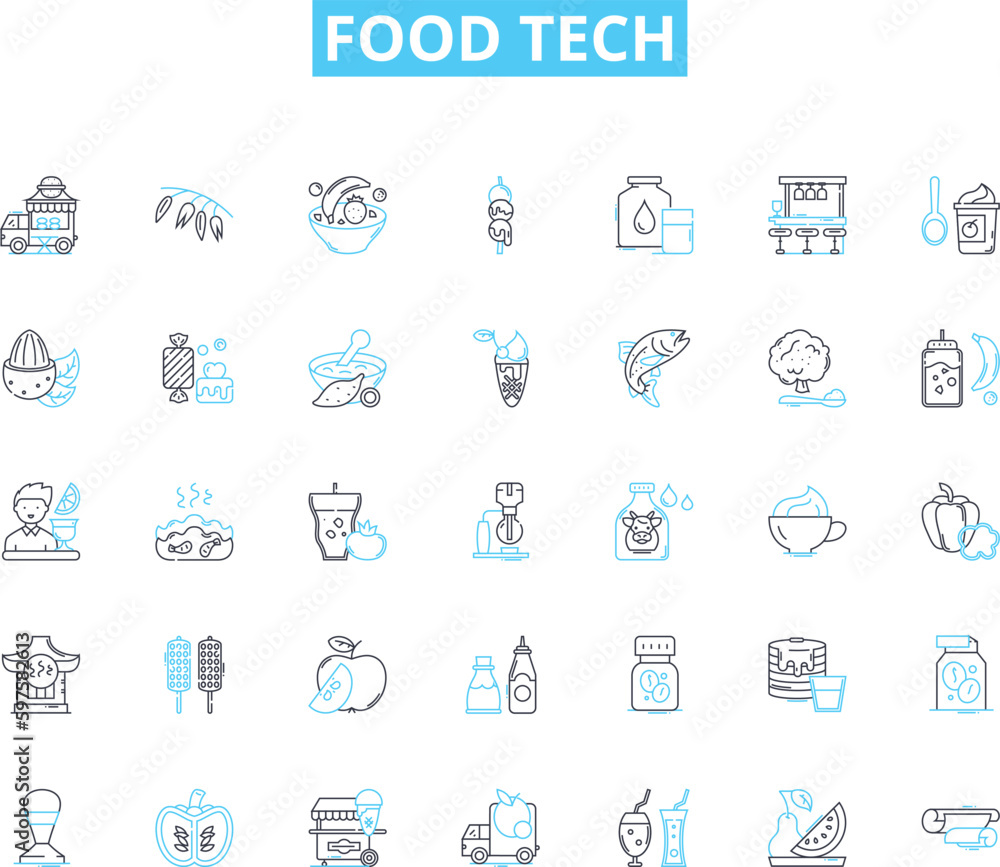 Food tech linear icons set. Automation, Biodegradable, Biosensors, Blockchain, Co-packaging, Cultured, Delivery line vector and concept signs. Diagnostics,Digitalization,Edible outline illustrations