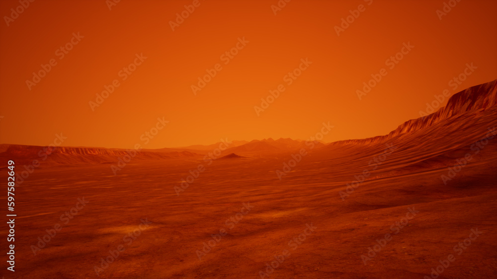 Panorámica del horizonte de Marte, el planeta rojo y árido, 3d