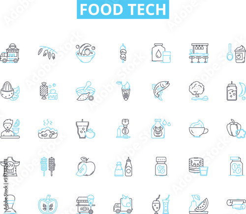 Food tech linear icons set. Automation, Biodegradable, Biosensors, Blockchain, Co-packaging, Cultured, Delivery line vector and concept signs. Diagnostics,Digitalization,Edible outline illustrations