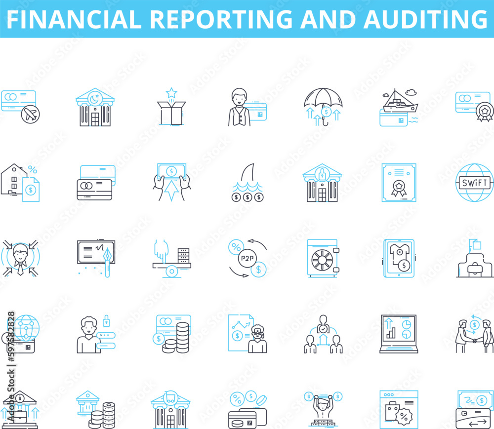 Financial reporting and auditing linear icons set. Auditing, Compliance, Transactions, Statements, Disclosure, Risk, Reporting line vector and concept signs. Regulations,Transparency,Fraud outline Financial reporting and auditing linear icons set. Auditing, Compliance, Transactions, Statements, Disclosure, Risk, Reporting line vector and concept signs. Regulations,Transparency,Fraud outline