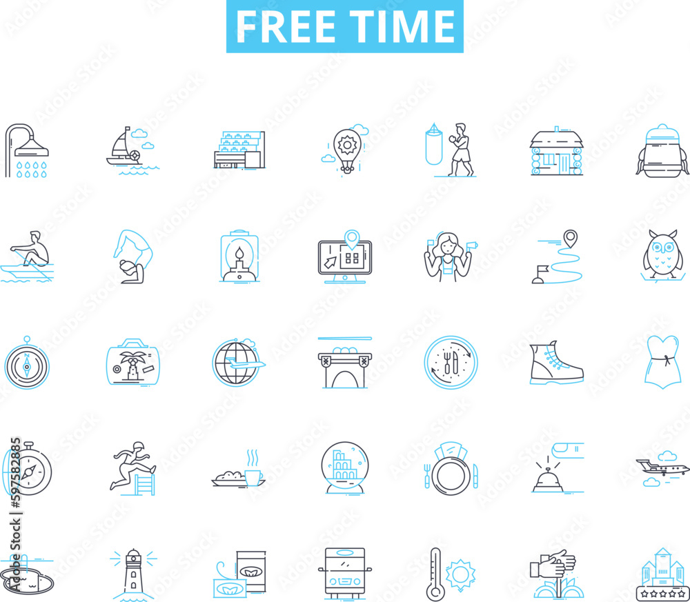 Free time linear icons set. Leisure, Relaxation, Hobbies, Pastimes, Recreation, Amusement, Entertainment line vector and concept signs. Pursuits,Activities,Retreat outline illustrations