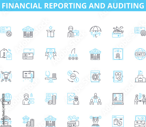Financial reporting and auditing linear icons set. Auditing, Compliance, Transactions, Statements, Disclosure, Risk, Reporting line vector and concept signs. Regulations,Transparency,Fraud outline