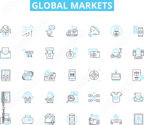 Global markets linear icons set. Trading, Volatility, Foreign Exchange, Commodities, Shares, Economy, Investment line vector and concept signs. Growth,Index,Market outline illustrations