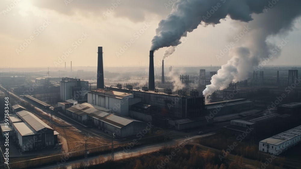 Industrial chimneys smoke from factory. Generative AI