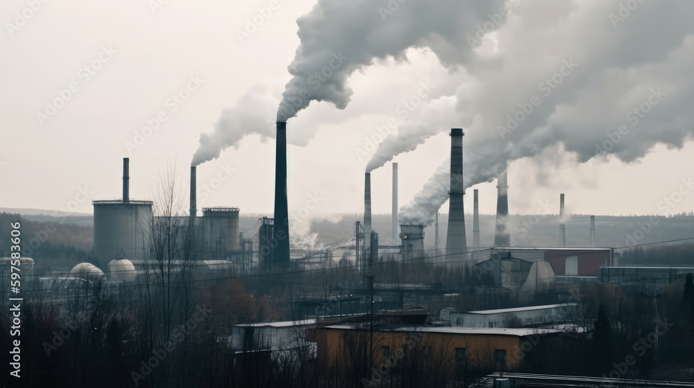 Industrial chimneys smoke from factory. Generative AI Industrial chimneys smoke from factory. Generative AI