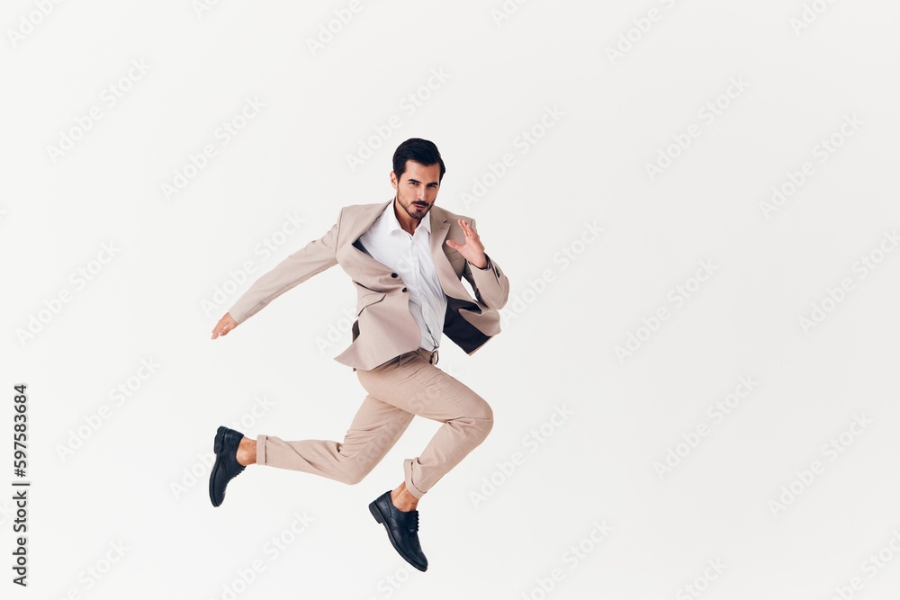 man happy running suit business sexy winner victory smiling beige businessman