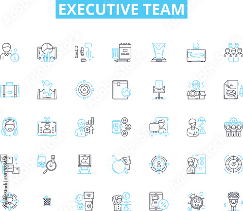 Executive team linear icons set. Leadership, Decision-making, Vision, Strategy, Performance, Accountability, Collaboration line vector and concept signs. Communication,Innovation,Expertise outline