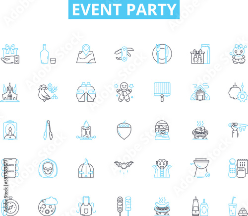 Event party linear icons set. Celebration, Festivity, Gathering, Banquet, Extravaganza, Revelry, Socializing line vector and concept signs. Bash,Shindig,Fte outline illustrations