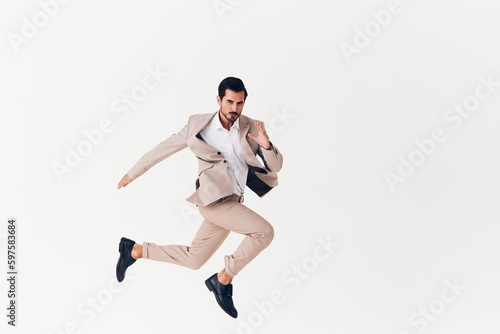 man happy running suit business sexy winner victory smiling beige businessman