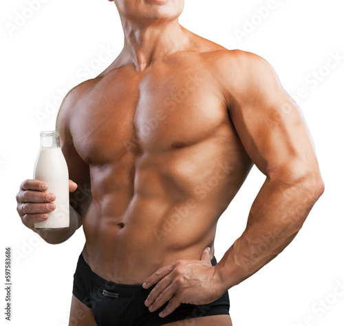 A young man muscular holds a bottle of milk, diet healthy concept