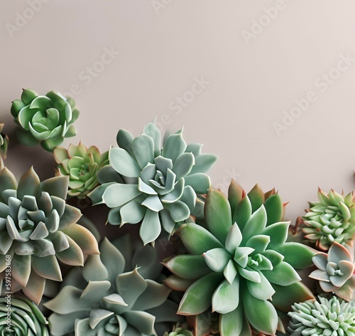 various succulent plants shot from above on neutral background, copy text space