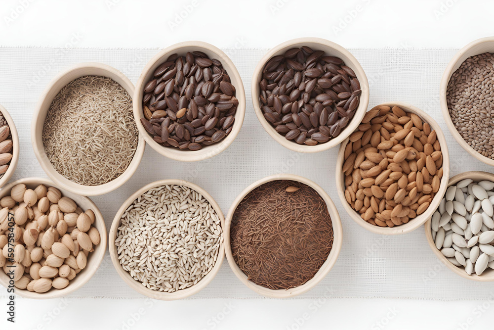Multitude of various seeds on neutral white background