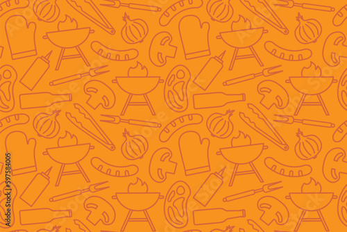 barbecue seamless pattern with ketchup, onion, mushroom, beer bottle, steak, grill tongs, sausage, grill icons- vector illustration